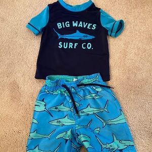 Baby boys swim trunks and rash guard.